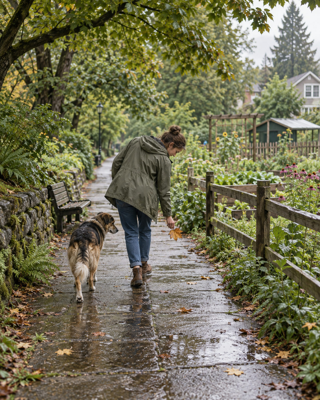 A person walking beside a dog through a rain-washed community garden