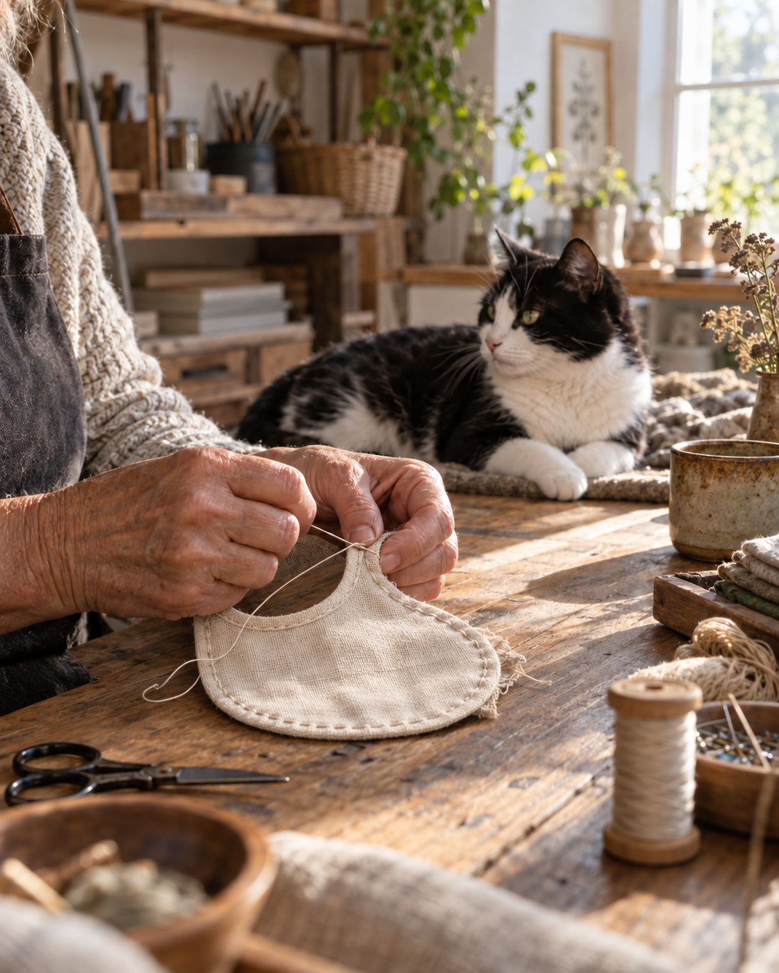 Older hands hand-stitching fabric beside a black-and-white cat