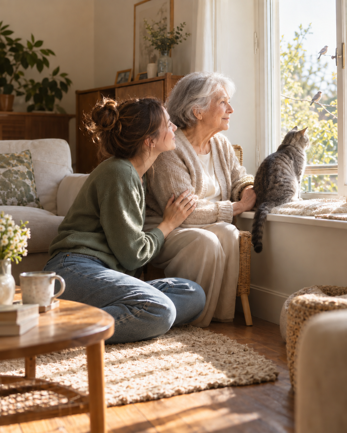 A younger woman, an older woman and a tabby cat watching birds at a window